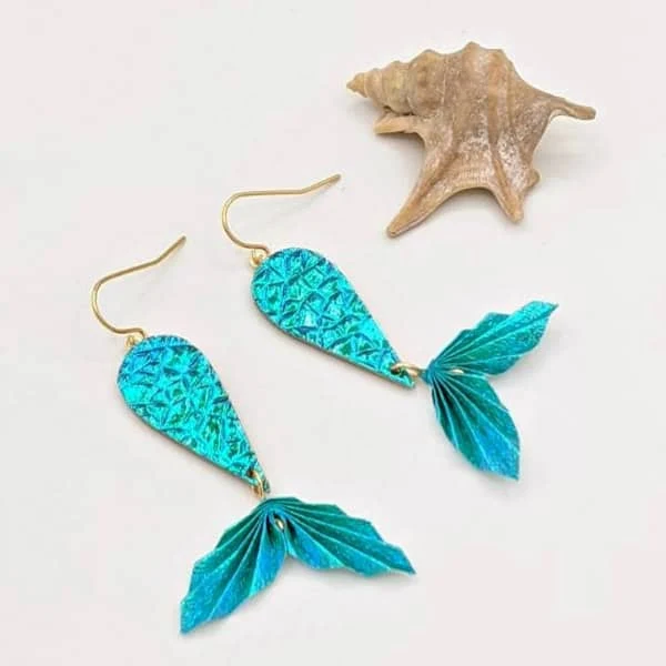 sparkly turquoise mermaid tail paper and brass origami earrings
