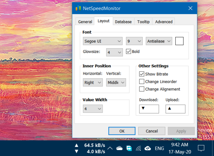 NetSpeedMonitor shows current network speed in taskbar on Windows 10