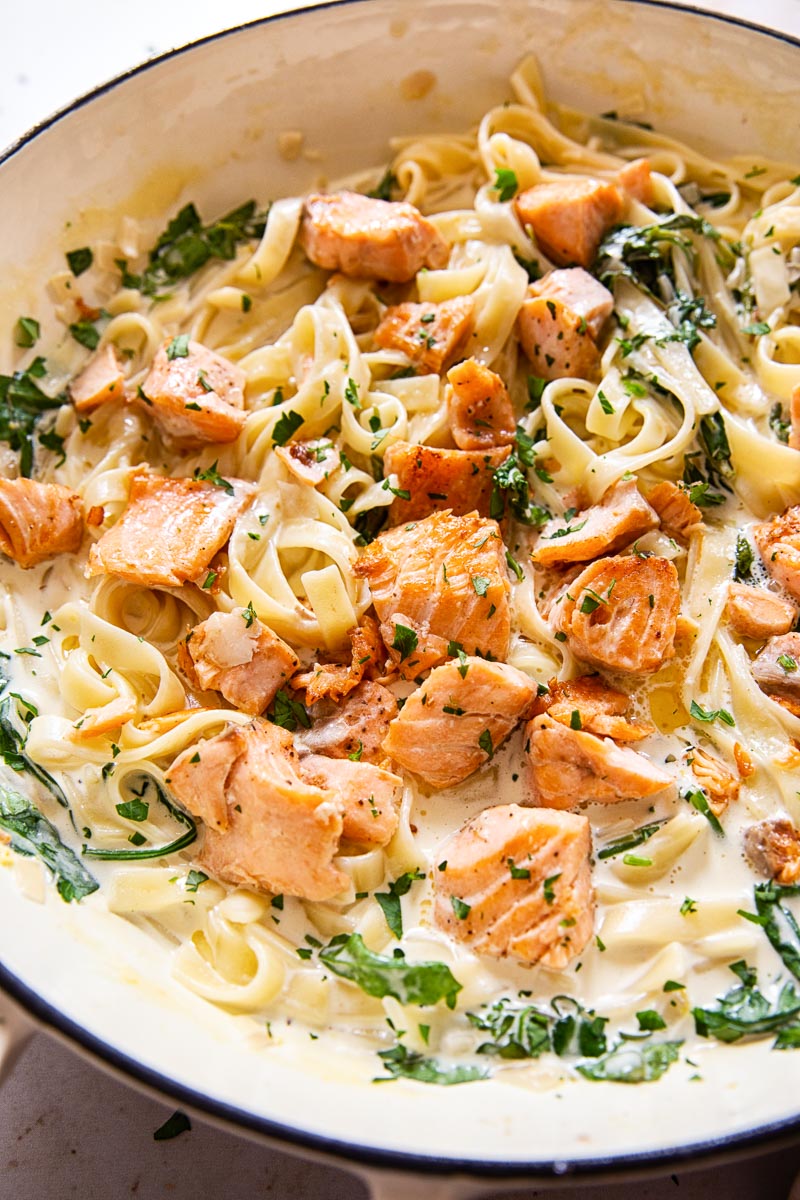 Fettuccine Alfredo with Salmon, Spinach, and Mushrooms