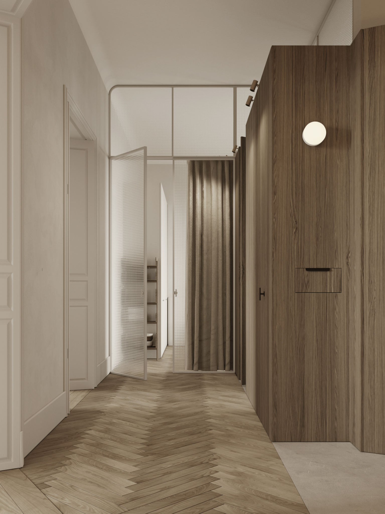 un grand couloir épuré en bois et blanc