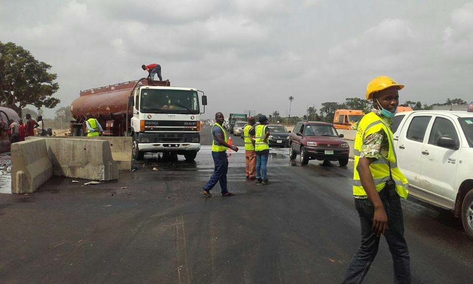 Photos Fully loaded petrol tanker crashes along LagosIbadan Expressway