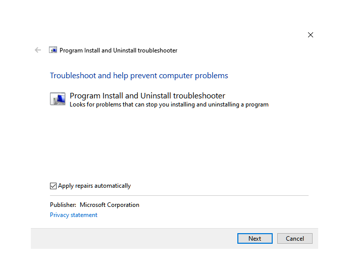 Uninstall Install troubleshooter