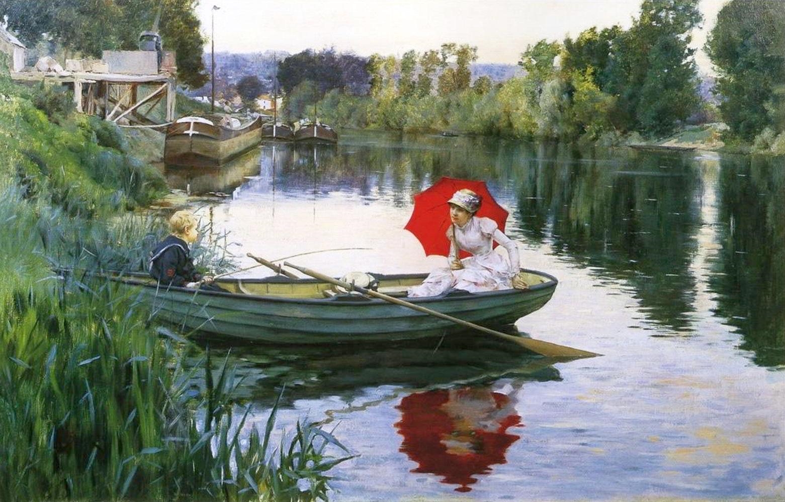 Двое подошли к реке лодка. Юлиус Леблан Стюарт (1855-1919).. Юлиус Леблан Стюарт художник. Julius LEBLANC Stewart (1855-. Julius LEBLANC Stewart картины.