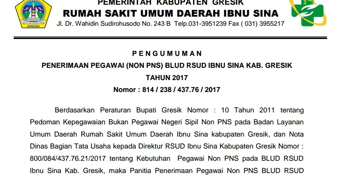 Lowongan Kerja Non PNS di RSUD Ibnu Sina Gresik Tahun 2017
