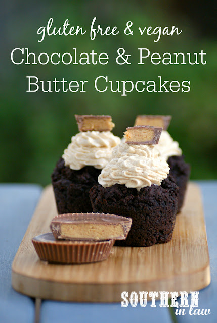 Vegan Chocolate and Peanut Butter Cupcakes - healthy, low fat, gluten free, peanut butter frosting, egg free, dairy free, peanut butter cup cupcakes, healthy birthday cakes