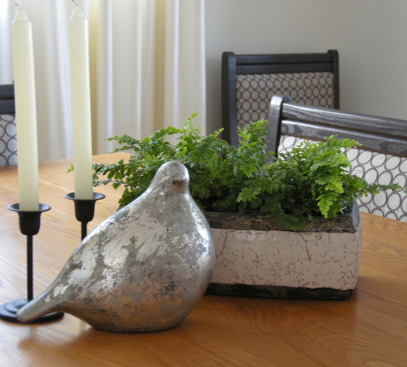 candlesticks, silver leaf bird, trough planter, boston ferns, centrepiece
