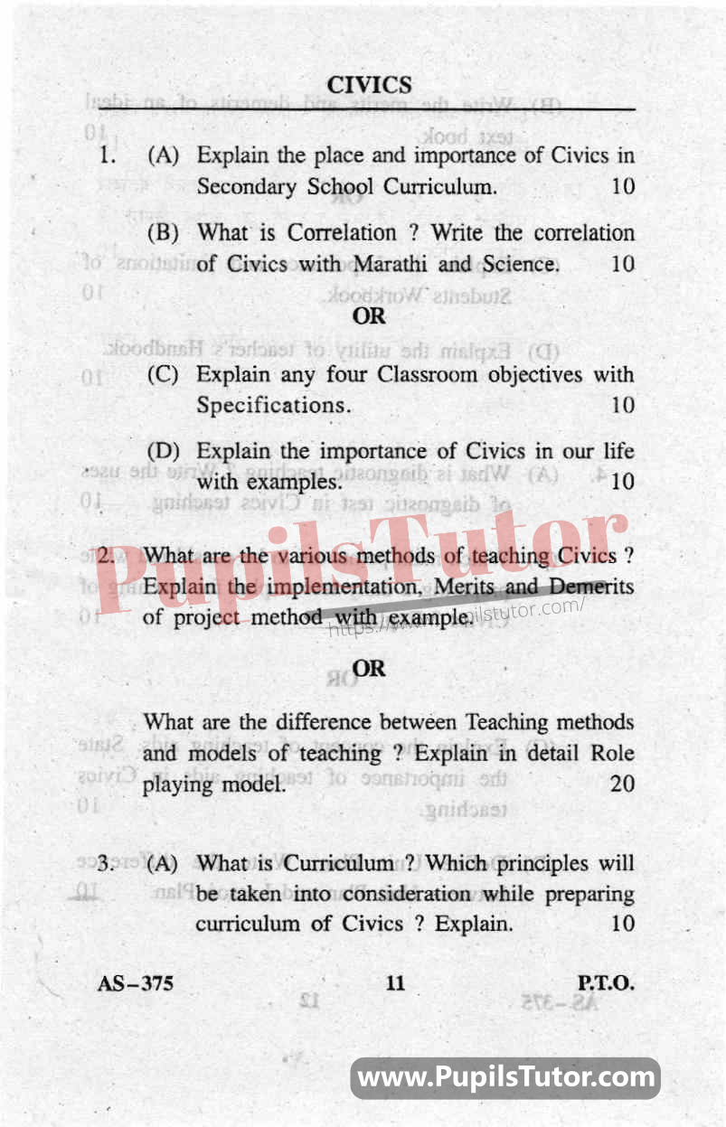 Pedagogy Of Civics Question Paper In English