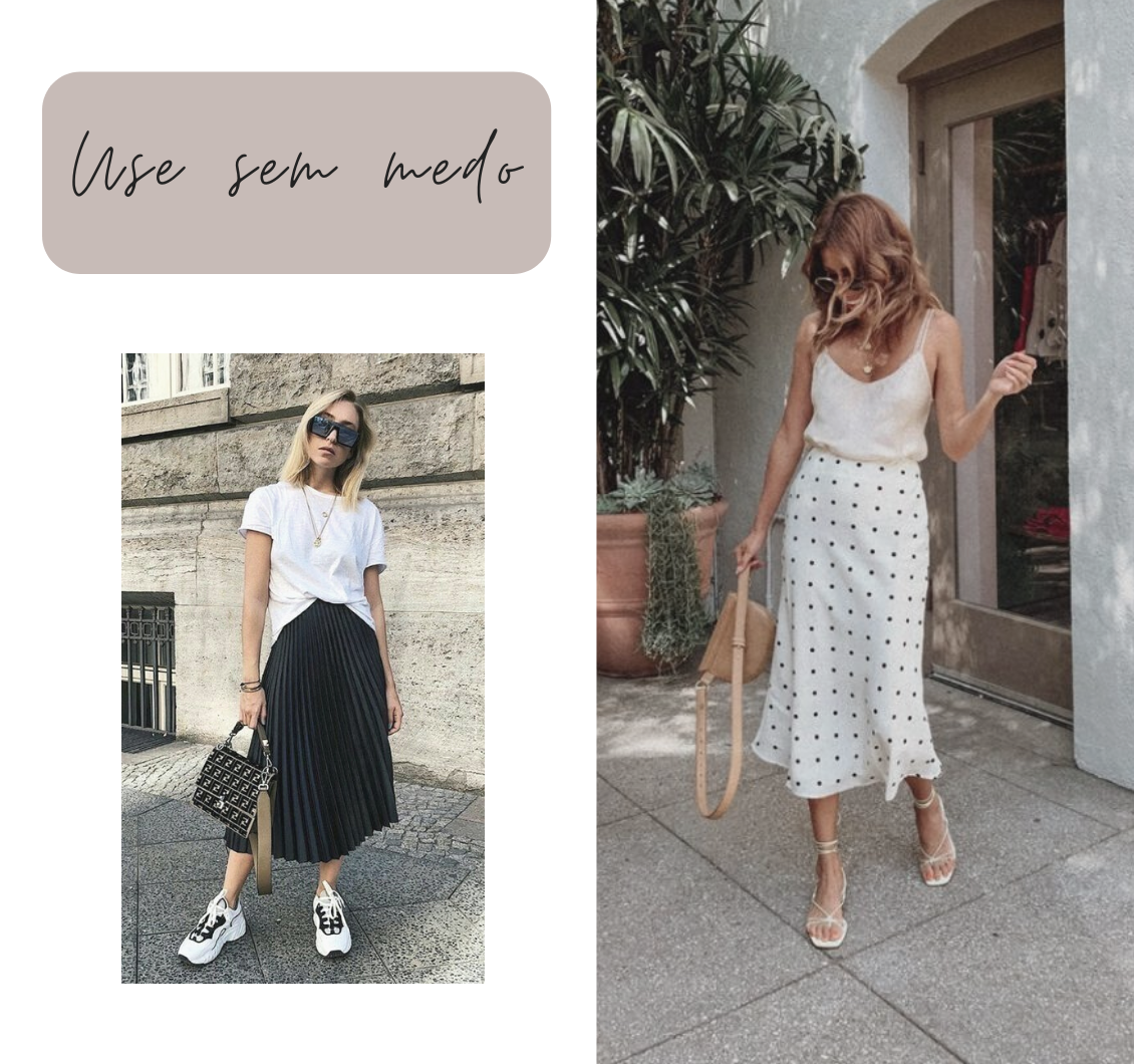 saia midi com tenis para baixinhas