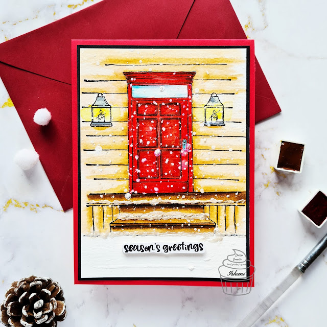 Purple Onion Design - Stacey Yacula - Studio Front Door, Snow Christmas scene, Christmas cards, Watercolored Christmas cards, Quillish, Rubber stamps