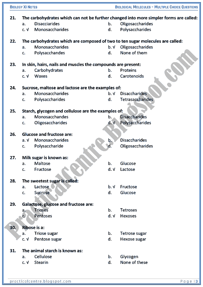 Biological Molecules - Multiple Choice Questions (MCQs) - Biology XI