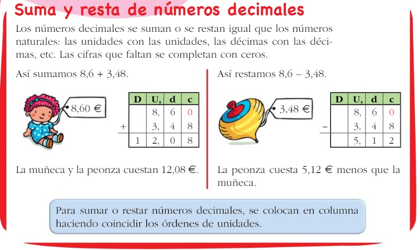 4º Primaria Matemáticas: SUMA Y RESTA DE NÚMEROS DECIMALES