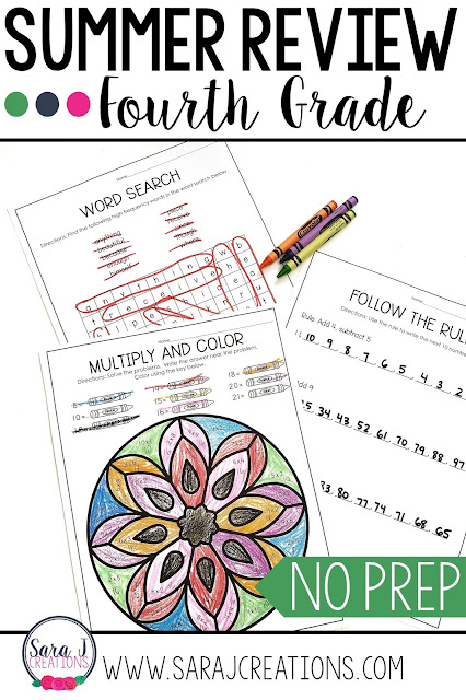 4th Grade Summer Review packet includes 80 pages of no prep work to help prevent summer slide.  Some of the topics covered include angles, story problems, fractions, multiplication and division, antonyms, synonyms and more!