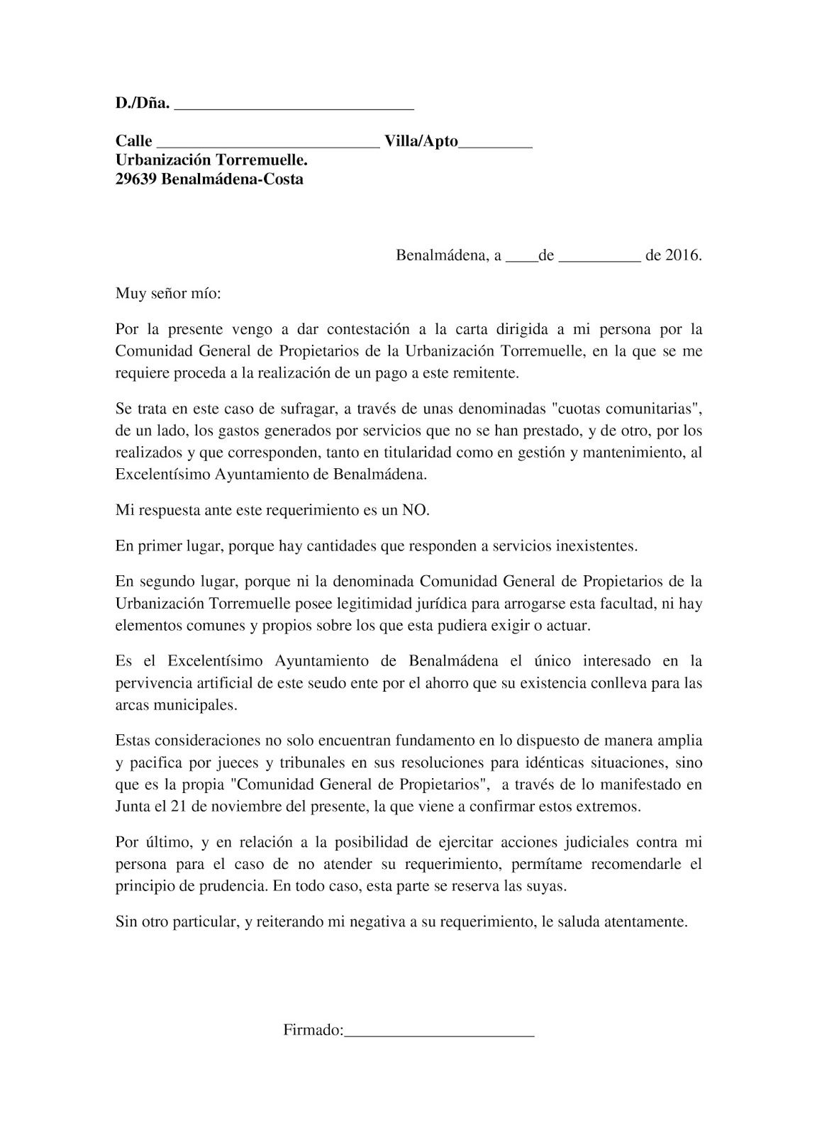 Escrito-modelo para responder a la carta enviada por la abogada de la  Comunidad General de Torremuelle