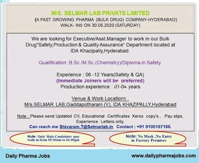 Selmar Lab Hyderabad jobs for Production Quality Assurance Safety apply now
