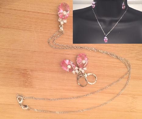 925 Silver and Floral Pink Dazzle Oval Crystal Stone Necklace and Earring Set - Visuals - Ref-2213