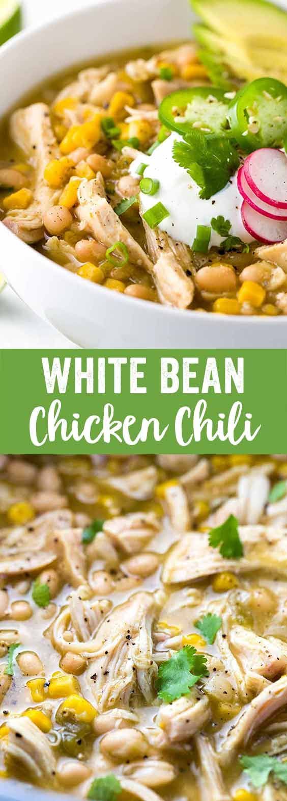 White bean chicken chili prepared in a crockpot with whole roasted jalapenos, tender beans, corn, and lean chicken breast.