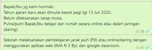 Contoh 10 Macam Pesan Atau Komunikasi Antara Wali Kelas Guru Dengan Orang Tua Dalam Grup Whatsapp Pada Saat Pembelajaran Jarak Jauh Pjj Atau Pembelajaran Daring Zuhri Indonesia