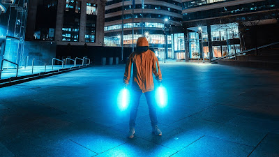 Lonely man, Neon light, City, Night, Buildings