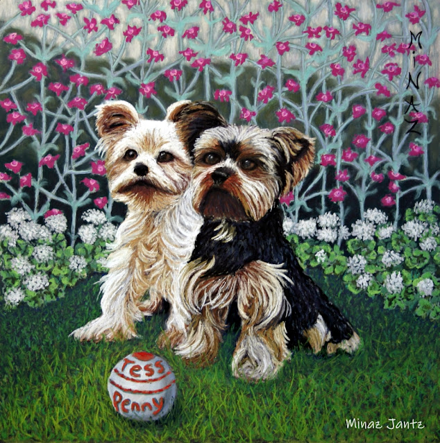 'Play in Garden with Tess & Penny' By Minaz Jantz Pastel on UART sandpaper  18"x18