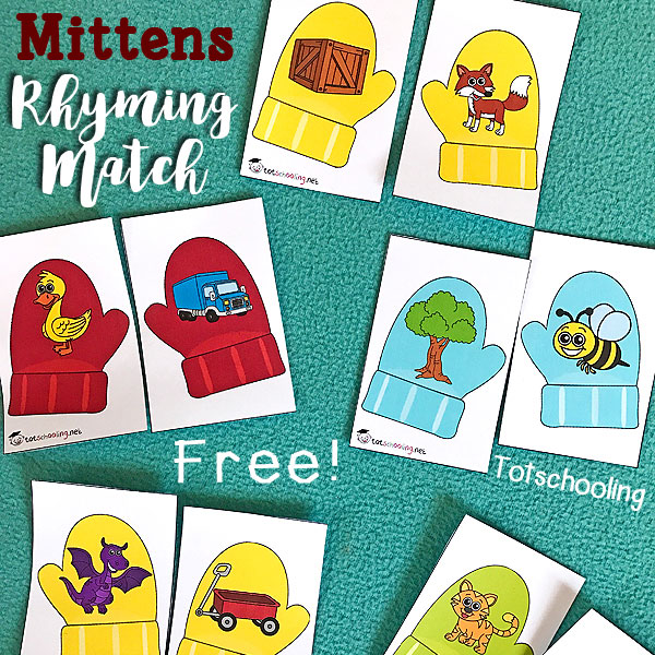 FREE Rhyming matching activity with mittens. Great winter learning for preschoolers and kindergarten.