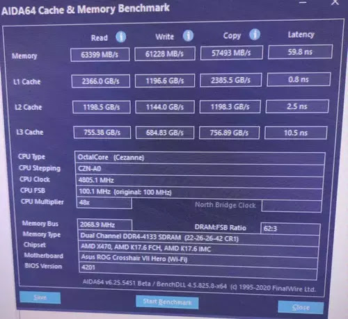 AMD Ryzen 5750G Pro önbellek ve hafıza testi