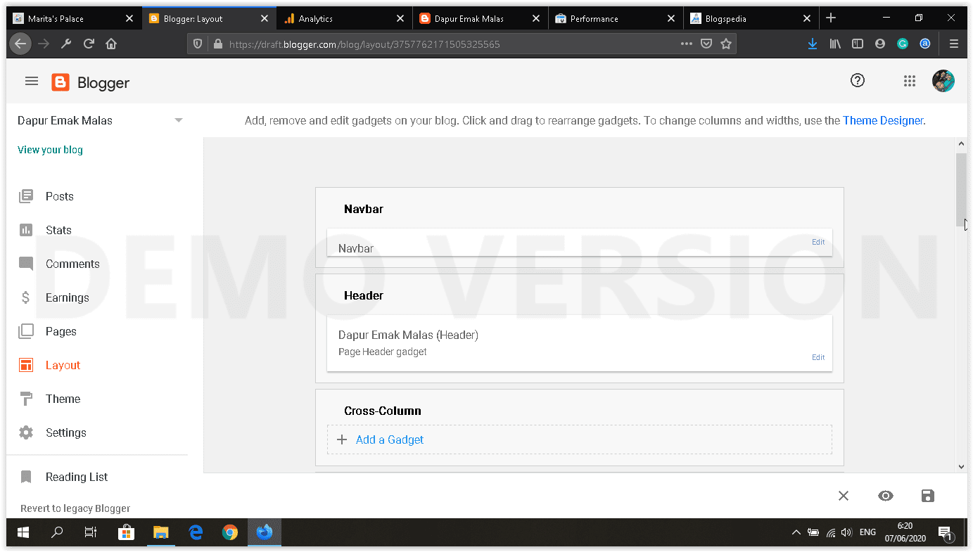 dashboard blogger baru menu layout tanpa favicon