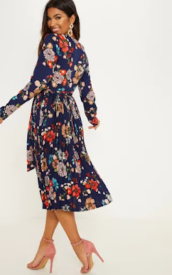 Navy Floral long sleeve midi dress back side