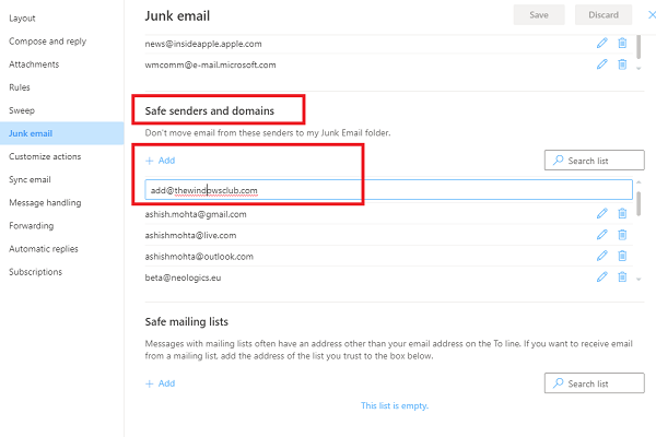 Danh sách người gửi an toàn Outlook Online