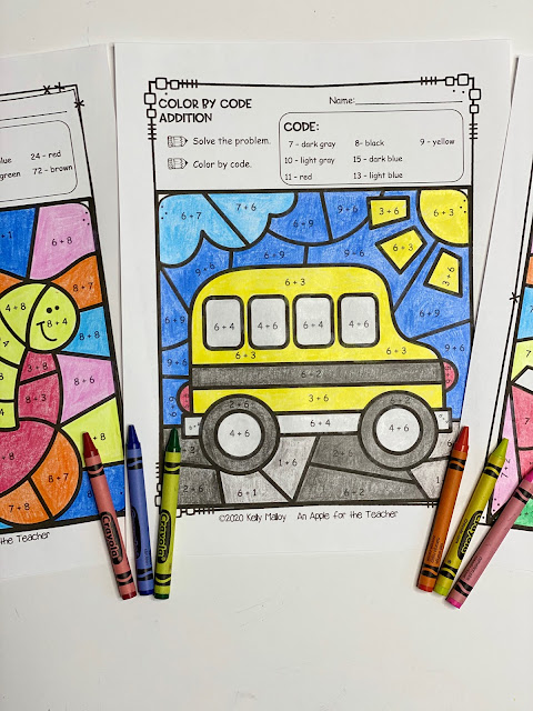 Back to School Color by Number Addition Worksheets