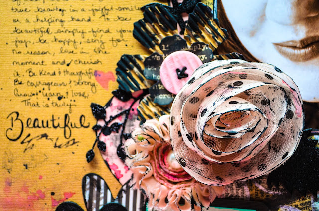 Be You{tiful}: True Beauty Mixed Media Scrapbook Page Layout by Carrie Williams - Dearzae.com Beauty mixed media scrapbooking page layout with heat embossed chipboard, washi tape, polka dots, die cuts, in contemporary grunge style