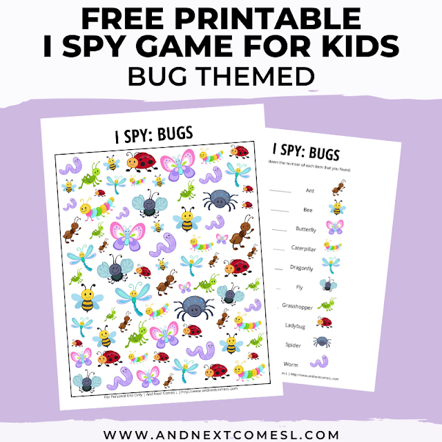 Free I spy game printable for kids: bug themed