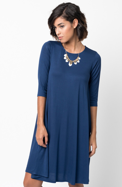 Shop for Navy Blue Shirred Back Midi 3/4 sleeve jersey dress crew neck online on caralase.com