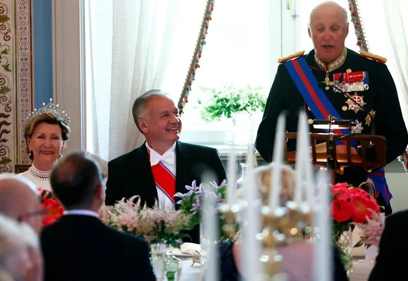 King Harald V, Queen Sonja, Crown Prince Haakon, Crown Princess Mette-Marit and Princess Astrid, Slovakia's President Andrej Kiska. Diamon tiara