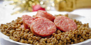 Cotechino e lenticchie is often part of the  New Year's Eve menu in Italy