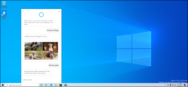 جهاز سطح مكتب يعمل بنظام Windows 10 20H1 (الإصدار 2004) مع تجربة Cortana الجديدة.