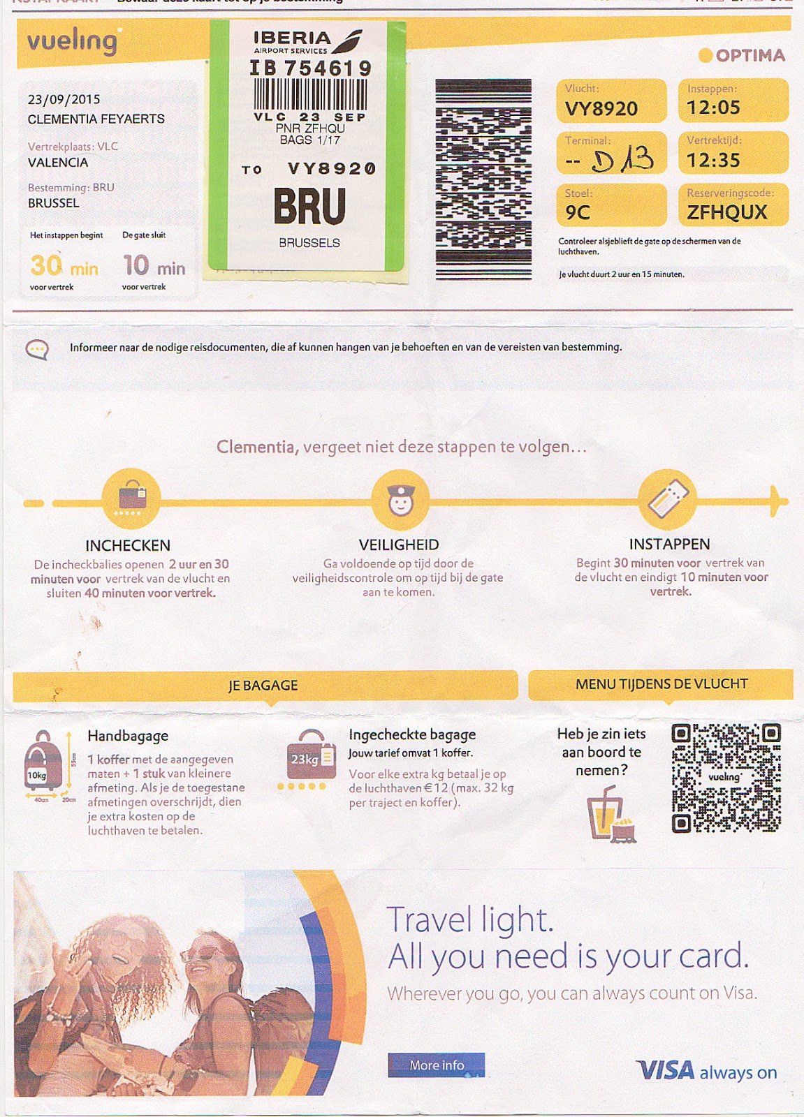 The traveler's drawer VUELING. Boarding pass for the flight VY8920