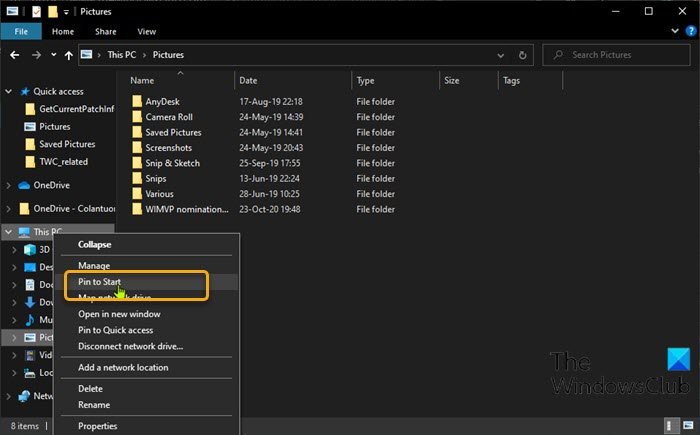 Ajouter ou supprimer une épingle pour démarrer à partir du menu contextuel dans Windows 10