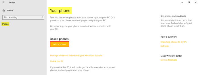 Paramètres du téléphone dans Windows 10