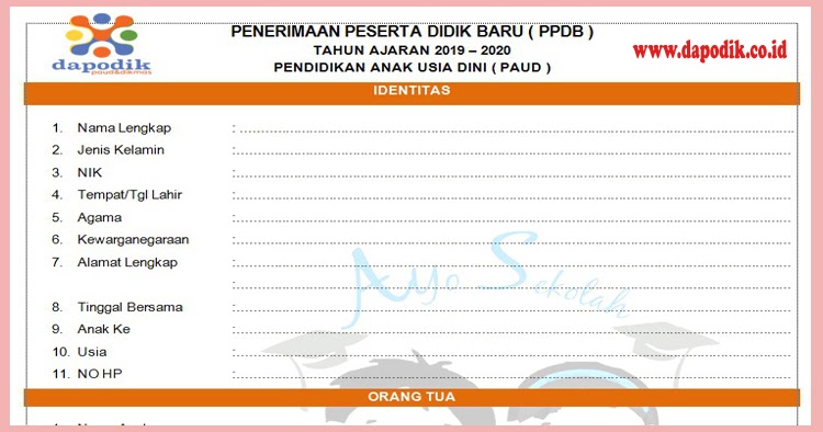 Formulir Pendaftaran Siswa PAUD TK KB TPA DOC Tahun Ajaran 2021/ 2022