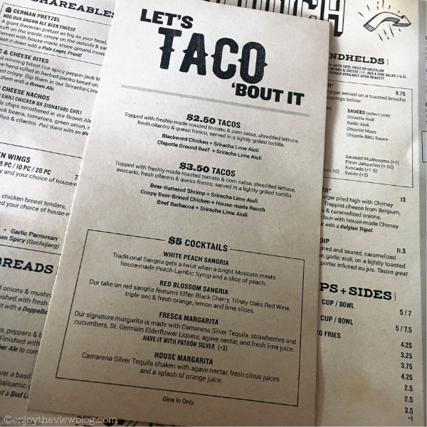 Taco menu at World of Beer