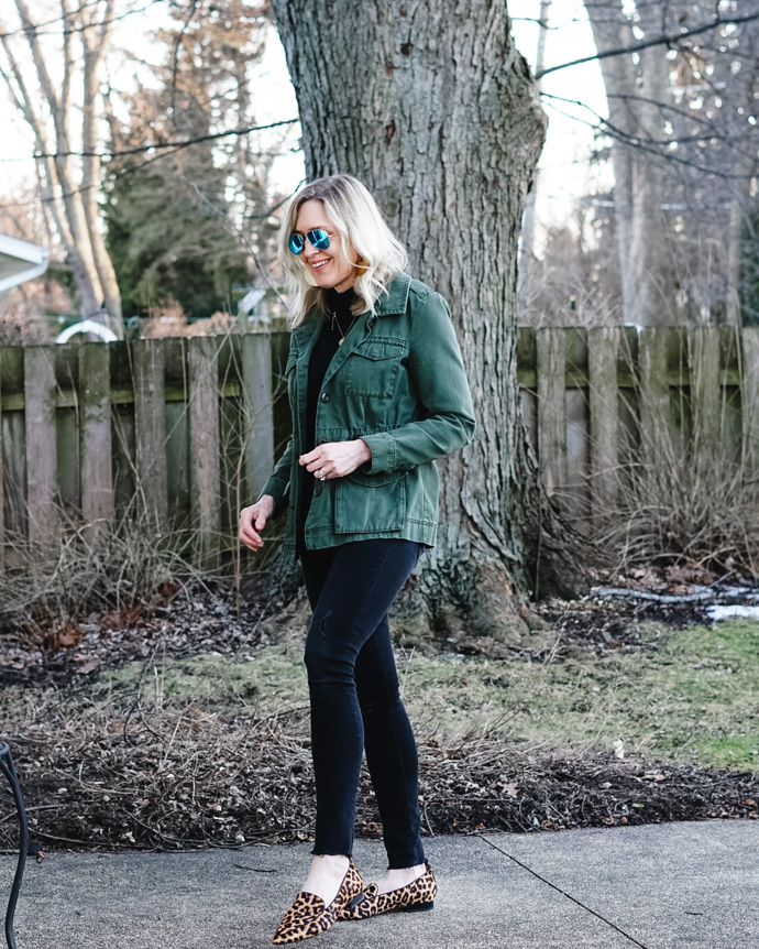 all black outfit with green army jacket