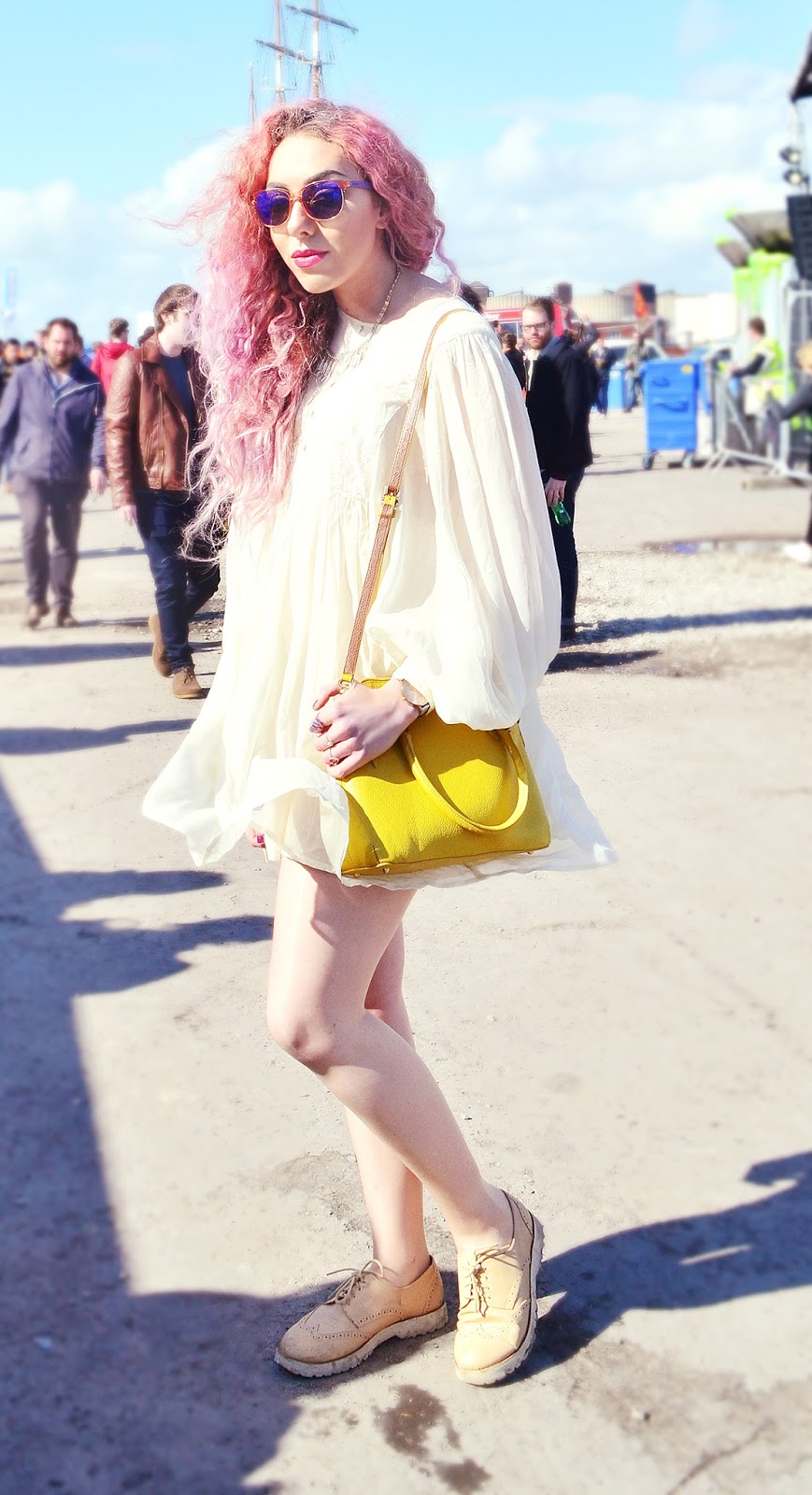 Festival Fashion: Stephi LaReine OUTFIT OF THE DAY  Dress // Asos Beige Platform Brogues * // Style Edit Sulphur Shoulder Bag * // Boden Necklace * // Lyla Loves Pink & Purple Carrera Sunglasses * // Sunglasses Shop Big Dial Watch // Olivia Burton