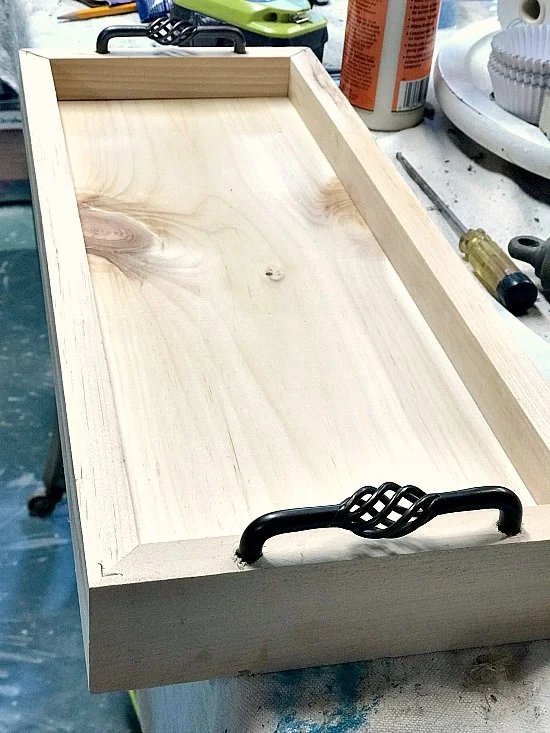 Rustic tray with cabinet handles 