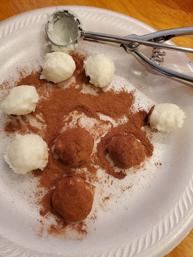 these are coconut balls rolled into cinnamon no bake candy