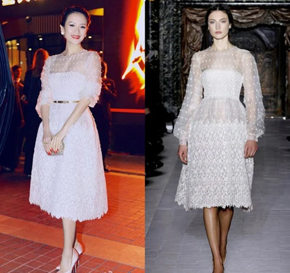 Zhang Ziyi at Cannes Film Festival. Styled with blush satin Ferragamo pumps and a Jimmy Choo clutch