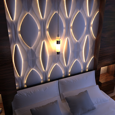 Lighting effects with 3D abstract wall panels and lighting inside the wall design Lighting effects with 3D abstract wall panels and lighting inside the wall design