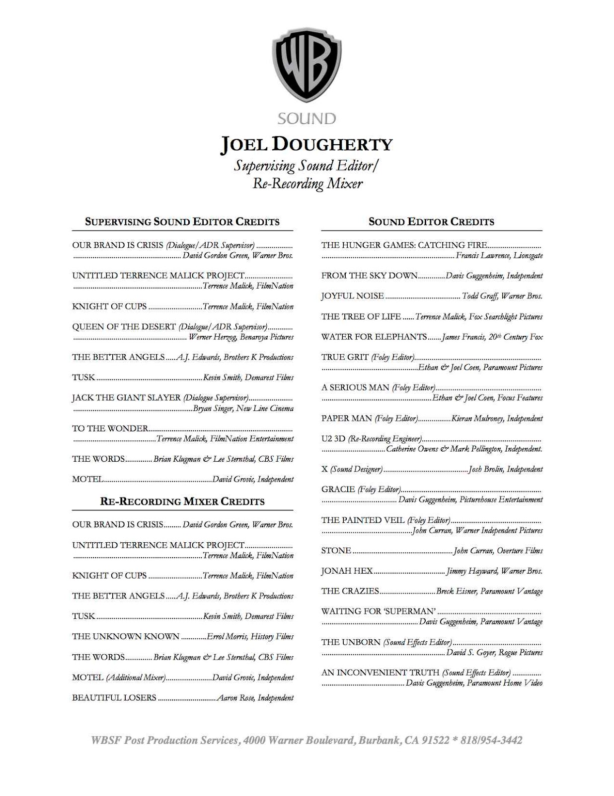 Sample resume for entertainment industry