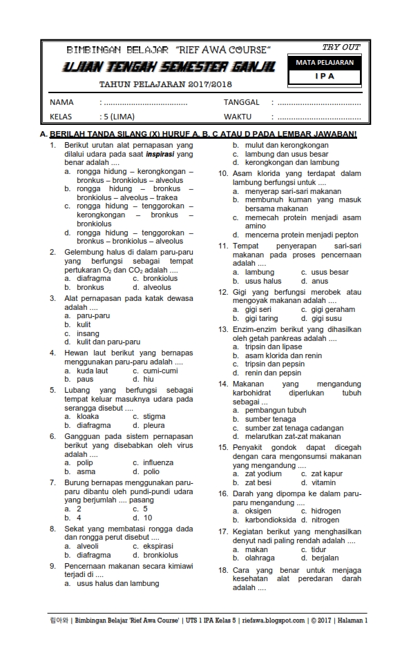 Download Soal Ujian Tengah Semester Ganjil Uts 1 Ipa Kelas 5 Tahun 2017 2018 Bocoran Soal Sekolah