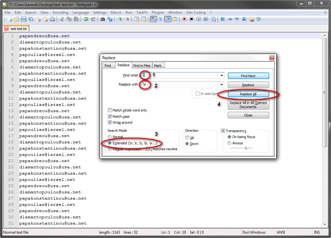 Notepad ++ Replace character with line, Αντικατάσταση χαρακτήρα με