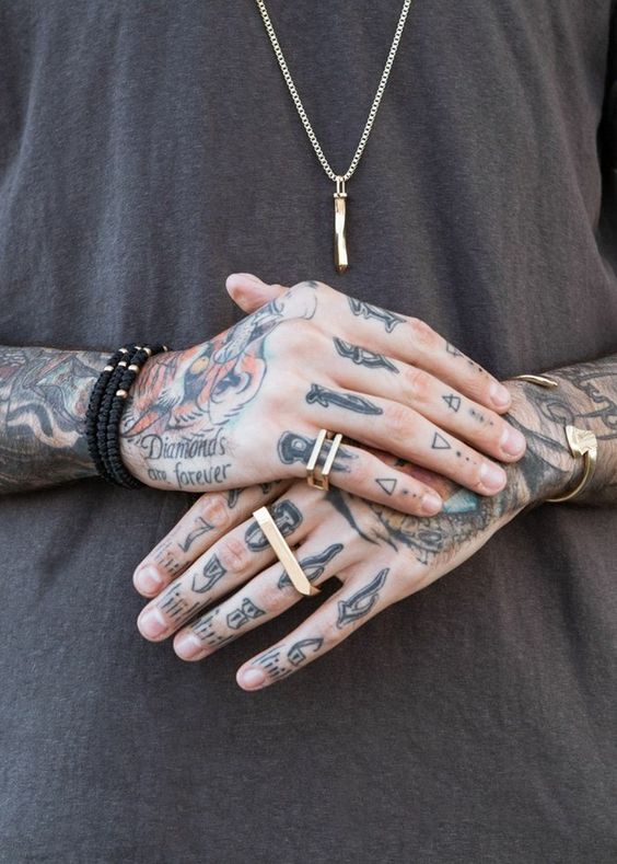 tatuagem masculina na mão e no braço e nos dedos masculino desenho